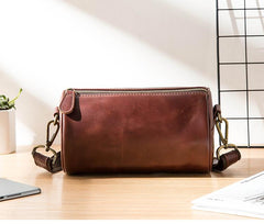 Red Brown Cool Leather Mens 8 inches Barrel Side Bag Bucket Messenger Bags Courier Bag for Men