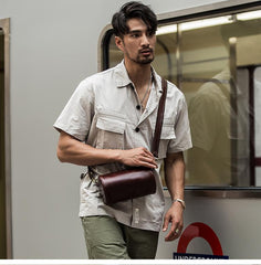Red Brown Cool Leather Mens 8 inches Barrel Side Bag Bucket Messenger Bags Courier Bag for Men
