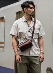 Red Brown Cool Leather Mens 8 inches Barrel Side Bag Bucket Messenger Bags Courier Bag for Men