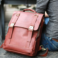 Red Brown Leather Mens Backpack Travel Backpacks Laptop Backpack for men