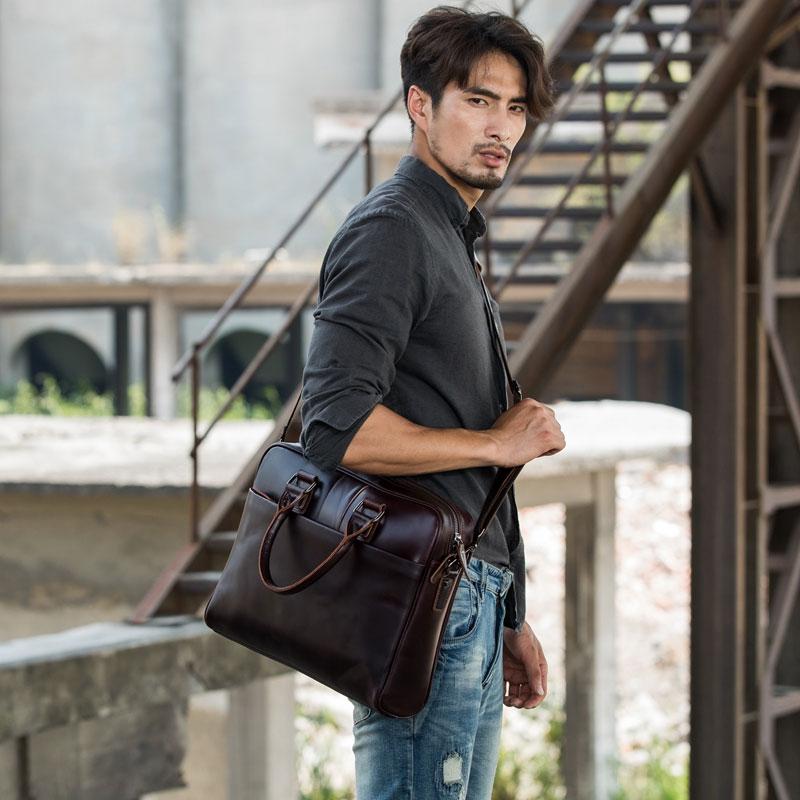 Men's Leather Bag Men's Small Briefcase Office Bags For Men Genuine Leather 10 Laptop Bags Male Small Briefcase Tote Handbags Red Brown