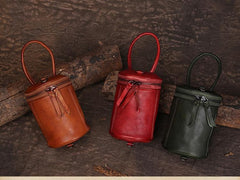 Red Womens Leather Bucket Handbag Womens Barrel Purse Small Brown Bucket Shoulder Purse