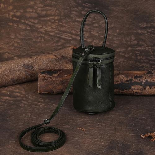 Green Womens Leather Bucket Handbag Womens Barrel Purse Small Bucket Shoulder Purse