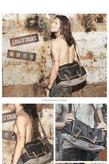 Fashion Black Canvas Leather Mens Casual Side Bag Gray Messenger Bags Casual Courier Bags for Men