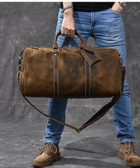 Retro Brown Leather Men's Business Overnight Bag Large Travel Bag Coffee Duffel Bag Weekender Bag For Men