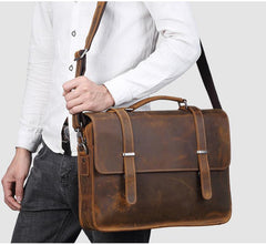 Vintage Brown Leather Men's Professional Briefcase Handbag 14‘’ Laptop Briefcase For Men