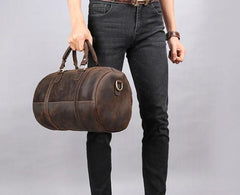 Retro Dark Brown Leather Mens Overnight Bag Duffle Bag Travel Bag Weekender Bag for Men