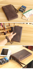 Vintage Dark Brown Leather Mens Phone Wallet Clutch Bag Wristlet Bag Zipper Long Wallet For Men