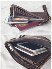 Vintage Dark Brown Leather Mens Phone Wallet Clutch Bag Wristlet Bag Zipper Long Wallet For Men