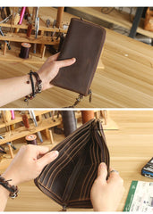 Vintage Dark Brown Leather Mens Phone Wallet Clutch Bag Wristlet Bag Zipper Long Wallet For Men