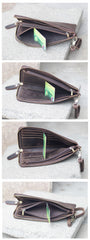 Vintage Dark Brown Leather Mens Phone Wallet Clutch Bag Wristlet Bag Zipper Long Wallet For Men