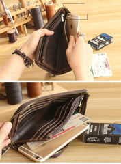 Vintage Dark Brown Leather Mens Phone Wallet Clutch Bag Wristlet Bag Zipper Long Wallet For Men