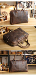 Cool Dark Brown Mens Leather Briefcase 14'' Work Handbag Ancient Brown Large Computer Briefcase For Men