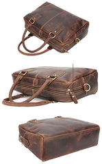 Cool Dark Brown Mens Leather Briefcase 14'' Work Handbag Ancient Brown Large Computer Briefcase For Men