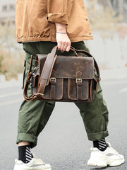Vintage Dark Brown Leather Mens 14 inches Briefcase Work Shoulder Briefcase Handbags For Men