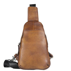 Handmade Brown Leather Mens Sling Bag One Shoulder Backpack Chest Bag for men