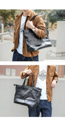 Fashion Coffee Leather Men Womens 14 inches Black Tote Bag Shoulder Tote Bag For Men