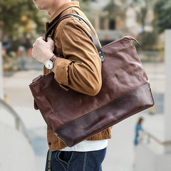 Fashion Coffee Leather Men Womens 14 inches Black Tote Bag Shoulder Tote Bag For Men