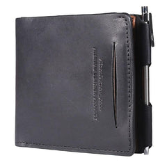 Leather Mens Black Small billfold Wallet Bifold Business Card Wallet For Men with Pen