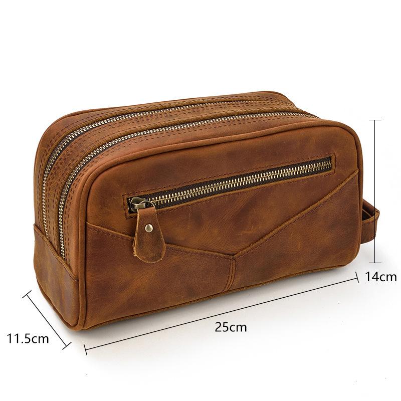 vintage Leather Men's Clutch Bag Double Zipped Small Wristlet Handbag