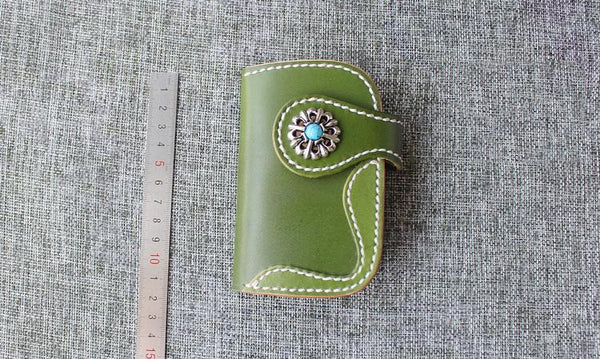 Handmade Green Leather Mens Womens Small Key Holders Key Wallets Coffee Card Key PXT00681037