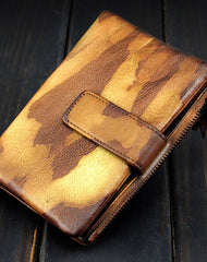 Handmade men billfold leather wallet men vintage brown blue camouflage billfold wallet for him