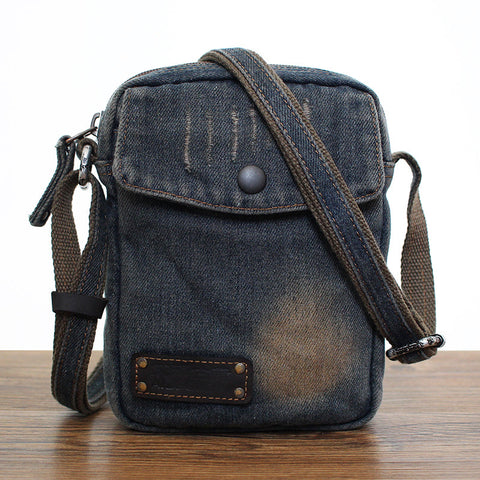 Blue Denim Small Side Bag Mens Denim Vertical Phone Shoulder Bags Vintage Denim Mini Crossbody Bag For Women
