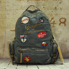 Vintage Blue Denim Womens Backpacks School Backpack With Stickers Vintage Denim Backpack For Women