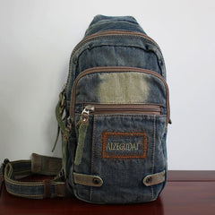 Cool Blue Denim Mens Sling Bag Chest - Chain Detail