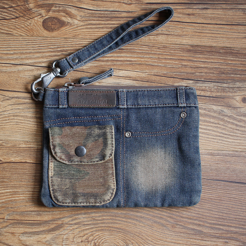 Vintage Denim Blue Womens Envelope Bag Clutch Denim Wristlet Bag Purse For Men