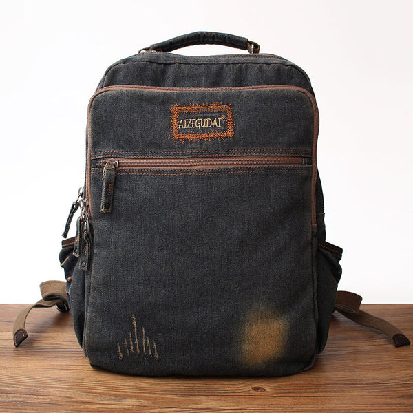 Vintage Denim Blue Mens Backpacks School Backpack - Back View