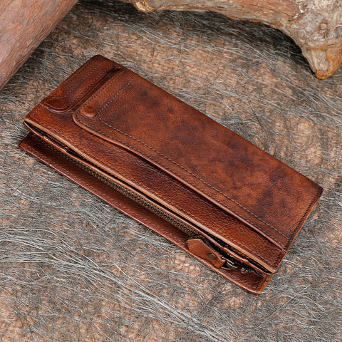 Handmade Leather Mens Cool Long Leather Wallet Bifold Clutch Wallet for Men