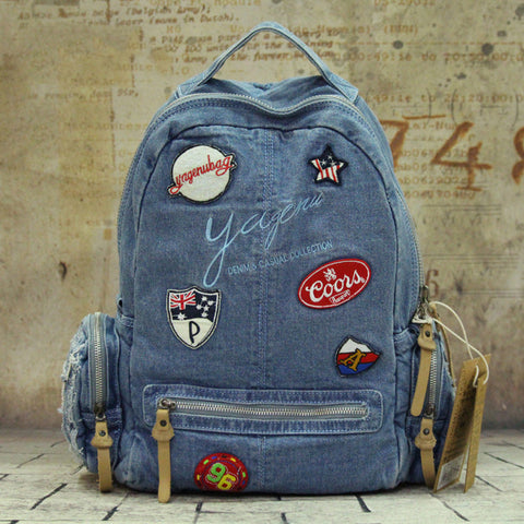 Denim Womens Backpack School Backpack With Stickers Vintage Denim Blue Backpack For Women