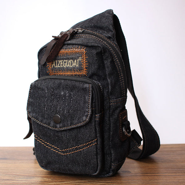 Vintage Black Denim Mens Sling Bag Chest - Back View