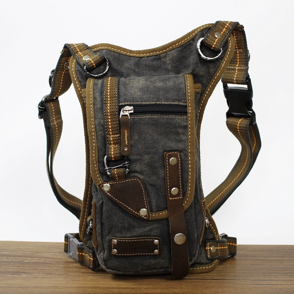 Black Denim Mens Biker Waist Bag DropLeg - Back View