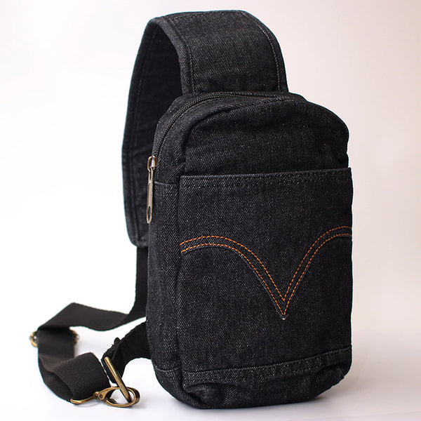 Black Denim Mens Cool Sling Bag Chest - Back View