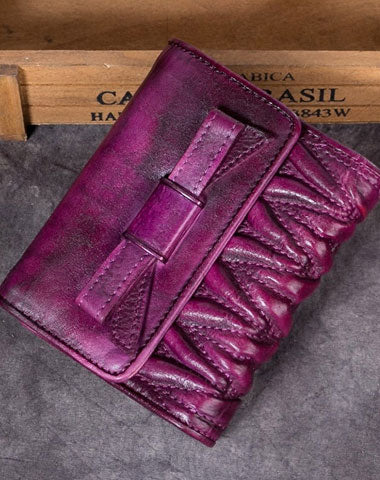 Genuine Leather Wallet Folded billfold Wallet Vintage Bowknot Wallet Purse Cute Gift For Women - EverHandmade