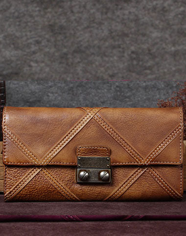 Genuine Leather Wallet Folded Long Wallet Vintage Assorted Colors Wallet Purse Clutch For Women - EverHandmade