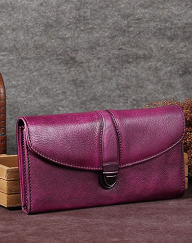 Genuine Leather Wallet Vintage Folded Long Wallet Purse Clutch For Women - EverHandmade