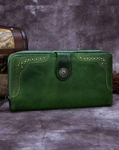Genuine Leather Wallet Long Wallet Tooled Vintage Wallet Purse For Men Women - EverHandmade