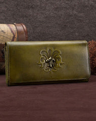 Genuine Leather Wallet Long Wallet Vintage Tooling Wallet Purse For Men Women - EverHandmade