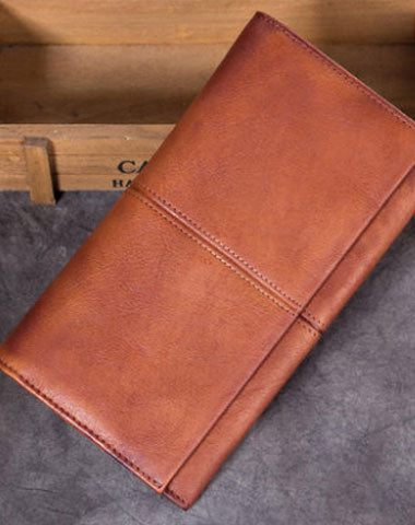 Genuine Leather Wallet Folded Long Wallet Vintage Tooling Wallet Purse For Men Women - EverHandmade