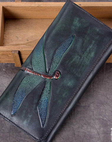 Genuine Leather Wallet Long Dragonfly Wallet Purse For Men Women - EverHandmade
