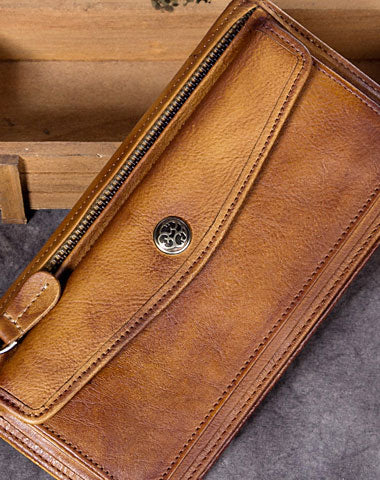 Genuine Leather Wallet Vintage Long Wallet Zip Folded Wallet Purse For Men Women - EverHandmade