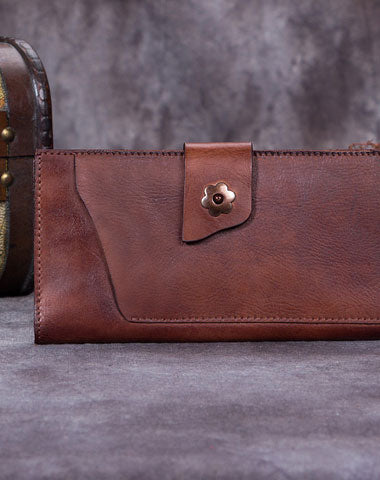 Leather Women Bifold Long Wallet Vintage Wallet For Women - EverHandmade