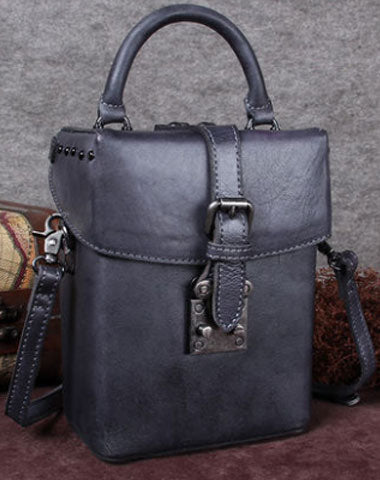 Genuine Leather Handbag Vintage Box Crossbody Bag Geometric Shoulder Bag Purse For Women - EverHandmade