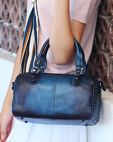 Genuine Leather Handbag Rivet Vintage Bag Crossbody Bag Shoulder Bag Purse For Women - EverHandmade