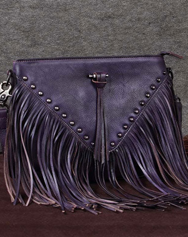 Genuine Leather Bag Vintage Rivet Tassel Bag Crossbody Bag Shoulder Bag Purse For Women - EverHandmade