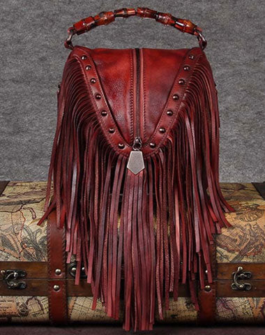 Genuine Leather Handbag Vintage Tassel Bamboo Crossbody Bag Shoulder Bag Purse For Women - EverHandmade