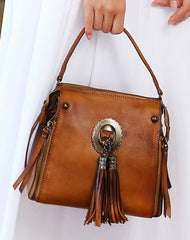 Womens Leather Handbag Vintage Tassel Crossbody Bag Shoulder Bag Purse For Women - EverHandmade
